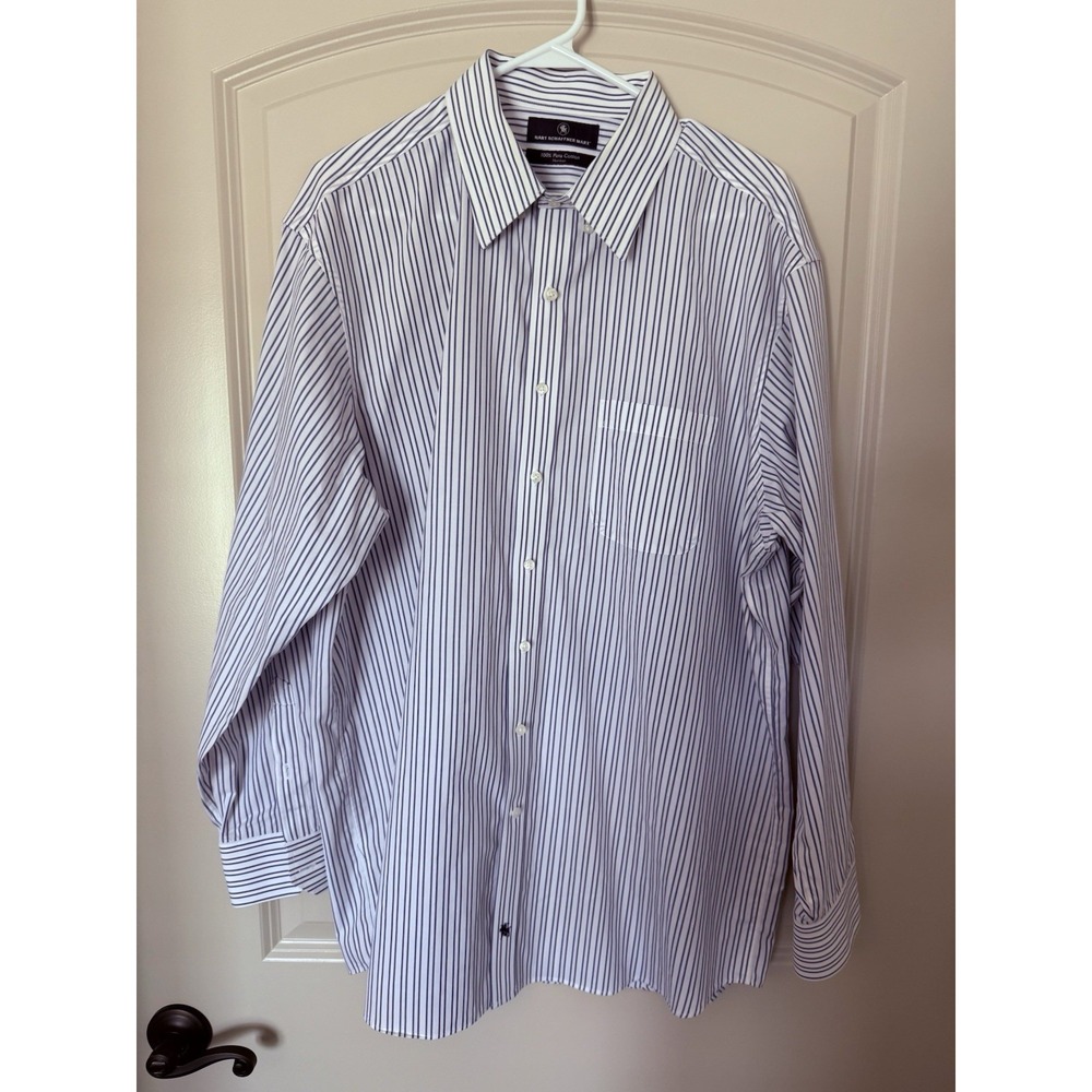Hart Shaffer Marx 100% Prima Cotton Dress Shirt 17.5X35 Blue/White Stripes 0054